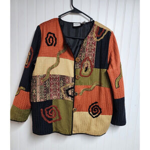 Market by Chicos Womens Jacket 0 Patchwork Artsy Abstract Wood Button Career